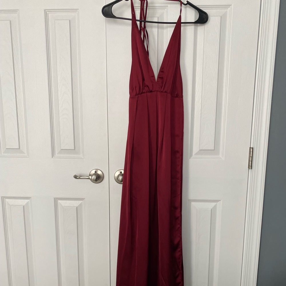 Low back burgundy colored faux satin maxi dress